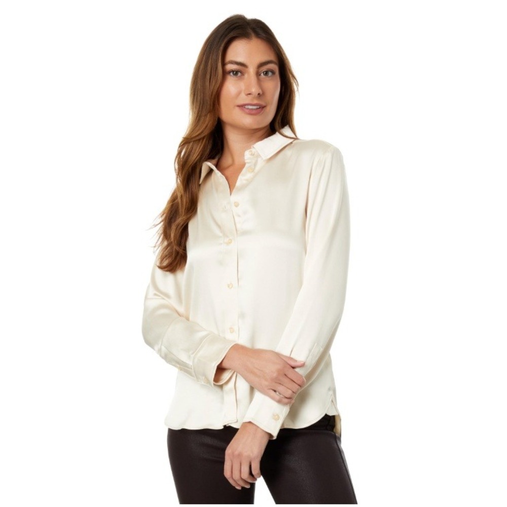 7 For All Mankind Satin Blouse Ivory Silk Look Button Down,‎ Medium
